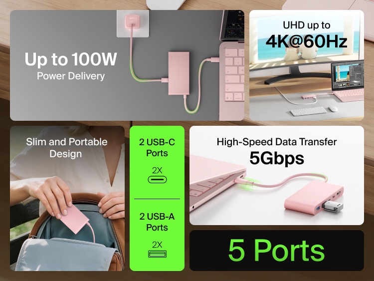 Belkin Connect 5-Port USB-C Hub with Dual USB-C Ports featuring 4K@60Hz display, 100W power delivery, 5Gbps data transfer, 2 USB-C and 2 USB-A ports, in a slim and portable design.