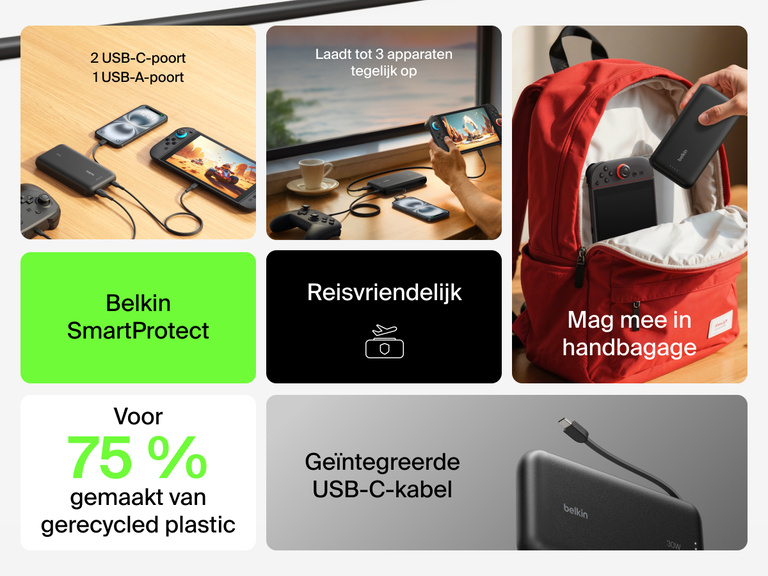 De Belkin Gaming 20.000mAh-powerbank (30 W) voor Nintendo Switch 2 heeft een geïntegreerde USB-C-kabel, laadt tot drie apparaten op en is reisvriendelijk. Hij mag namelijk mee in handbagage en is veilig dankzij SmartProtect.