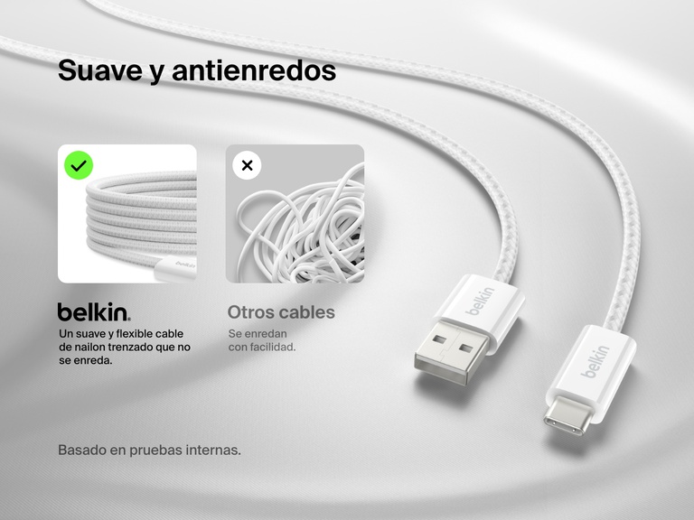 Imagen del cable Belkin BoostCharge de USB-A a USB-C de 15 W, que presenta un exterior de nailon trenzado suave y flexible diseñado para resistir los enredos y ofrecer un uso sin complicaciones.