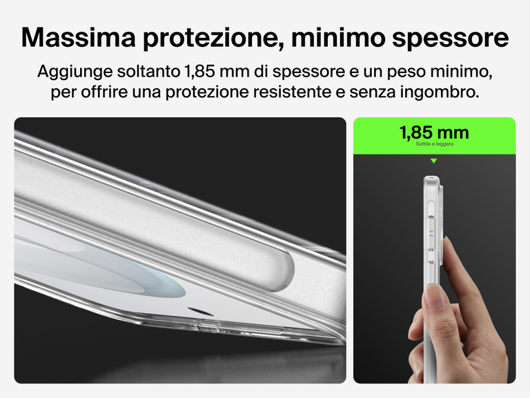 Belkin SheerForce Clear Series Case for Samsung Galaxy S26 shown in side profile, highlighting a slim 1.85 mm design that adds minimal thickness while delivering durable, everyday phone protection.