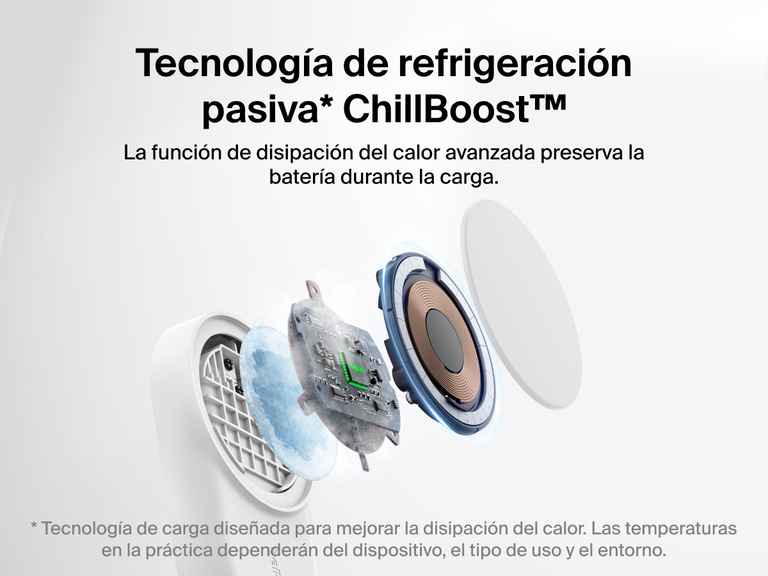 El cargador magnético plegable 3 en 1 con Qi2 25W Belkin UltraCharge incluye tecnología de refrigeración pasiva ChillBoost™ que ofrece una disipación del calor avanzada para preservar la batería del dispositivo conectado.