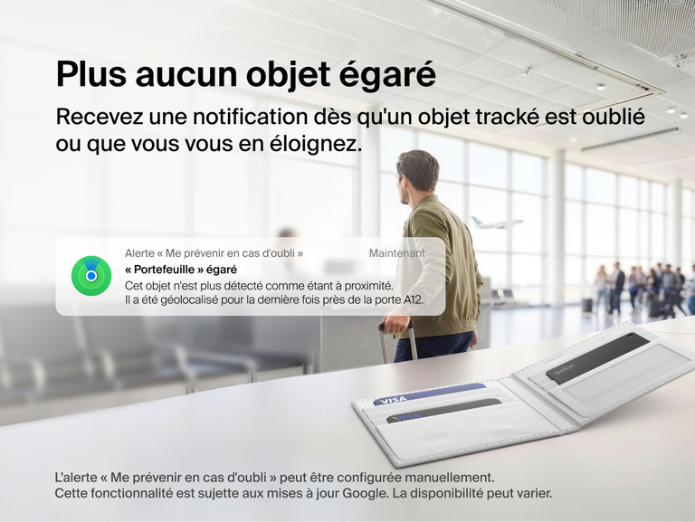 Image de la carte Belkin&nbsp;SureFind dans un portefeuille, &agrave; l'a&eacute;roport, illustrant les alertes &laquo;&nbsp;Me pr&eacute;venir en cas d'oubli&nbsp;&raquo;.