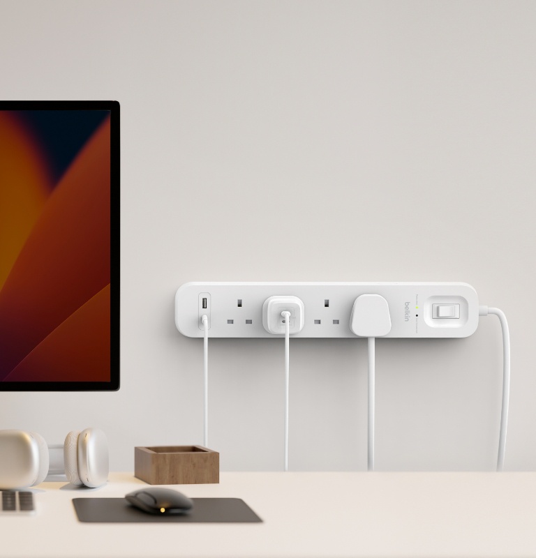 Belkin 4-Outlet Surge Protector with USB-C and USB-A Ports is equipped with wall mounts and a 2M cable.