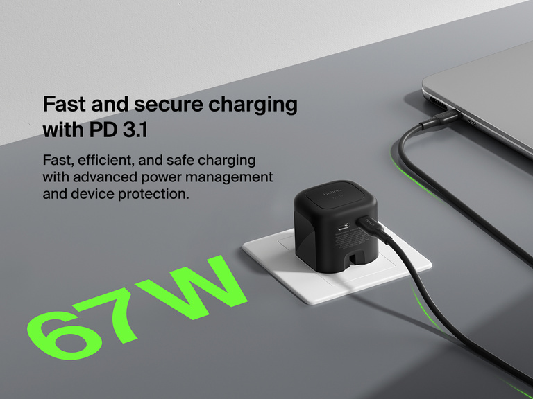 Belkin BoostCharge Pro Dual USB-C GaN Wall Charger 67W shown delivering fast and secure PD 3.1 charging with advanced power management for efficient device protection.