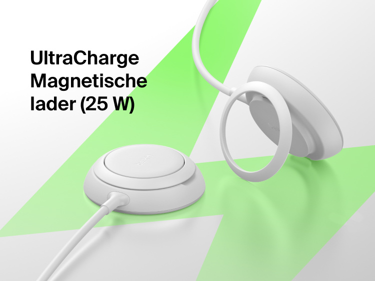 Belkin UltraCharge magnetische lader met Qi2 25W, afgebeeld als een slank magnetisch laadstation met een standaard, dat is ontworpen om apparaten snel en veilig draadloos op te laden.