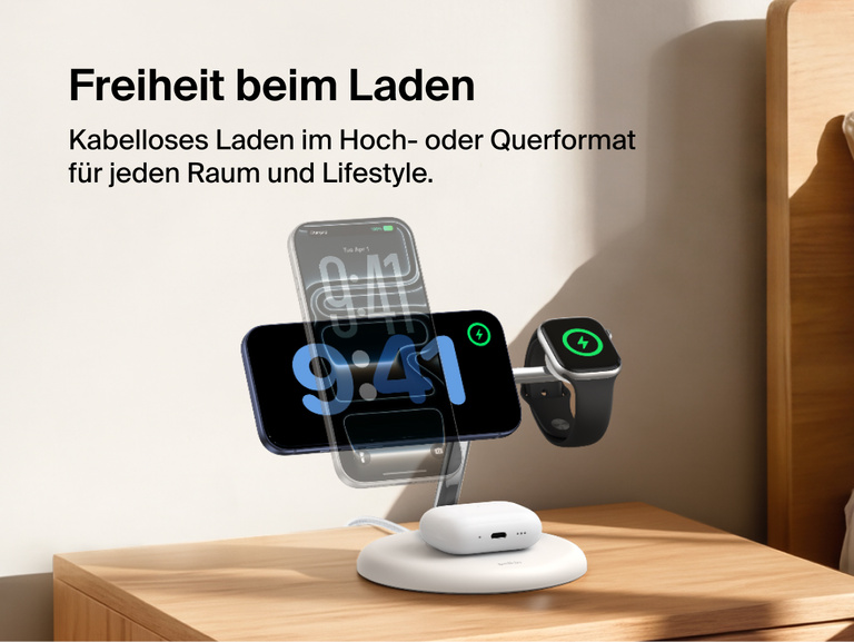 Belkin UltraCharge 3-in-1 Wireless Charging Stand with Qi2 25W charging iPhone in portrait and landscape modes alongside Apple Watch and AirPods on a bedside table