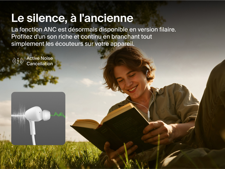 Belkin SoundForm ANC Wired Earbuds with USB-C® provide active noise cancellation for rich, uninterrupted sound while reading or relaxing outdoors.