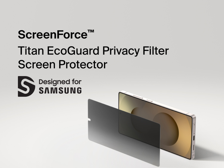 Belkin ScreenForce Titan EcoGuard Privacy Filter Screen Protector for Samsung Galaxy S26 shown aligned to a smartphone display, helping shield on-screen content from side views while protecting against scratches and everyday wear.
