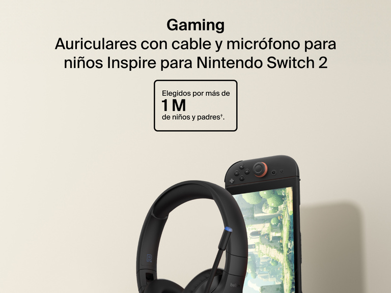 Imagen que muestra unos auriculares para niños Inspire con micrófono y cable de Belkin Gaming para Nintendo Switch 2 junto a la consola y con un emblema donde se dice «Elegidos por más de un millón de niños y padres.»