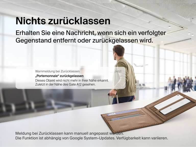 Abbildung mit einer Belkin SureFind Karte in einer Geldb&ouml;rse am Flughafen veranschaulicht Benachrichtigungen &uuml;ber zur&uuml;ckgelassene Gegenst&auml;nde, die den Benutzer informieren, wenn ein verfolgter Gegenstand zur&uuml;ckgelassen wird oder sich entfernt.