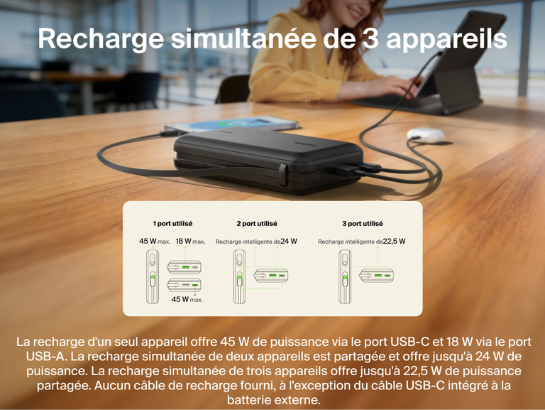 Belkin UltraCharge 20K 45W power bank with integrated USB-C cable charging multiple devices simultaneously with smart power sharing and multi-port connectivity