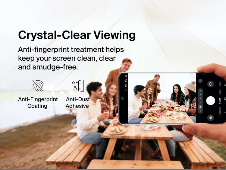 Belkin ScreenForce Titan EcoGuard Privacy Filter Screen Protector for Samsung Galaxy S26 shown delivering crystal-clear viewing with anti-fingerprint coating and anti-dust adhesive to help keep the display clean, clear, and smudge-free.