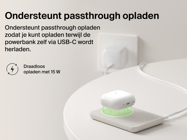 Belkin BoostCharge Slim Magnetic Power Bank 5K with Qi2 demonstrating pass-through charging, wirelessly powering a device while the power bank recharges via USB-C.