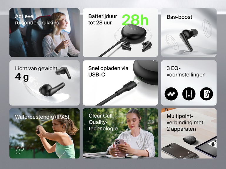 Afbeelding die de kenmerken van Belkin SoundForm Rhythm earbuds met actieve ruisonderdrukking toont, waaronder actieve ruisonderdrukking, een batterijduur van 28 uur, bas-boost, lichtgewicht ontwerp, USB-C snelladen, drie equalizervoorinstellingen, IPX5 waterbestendigheid, heldere gesprekskwaliteit en multipoint-verbinding met 2 apparaten.