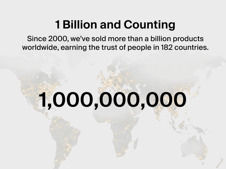 World map highlighting Belkin&rsquo;s milestone of more than 1 billion products sold worldwide since 2000 across 182 countries.