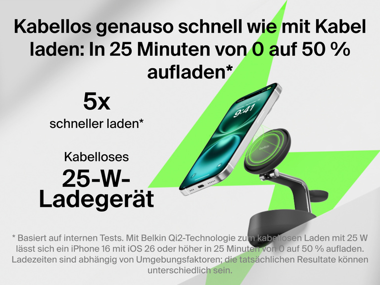 Die Belkin UltraCharge Pro magnetische 3-in-1-Ladestation mit Qi2 25W ermöglicht kabelloses Laden so schnell wie mit Kabel, sodass das iPhone in 25 Minuten auf bis zu 50 % aufgeladen werden kann.