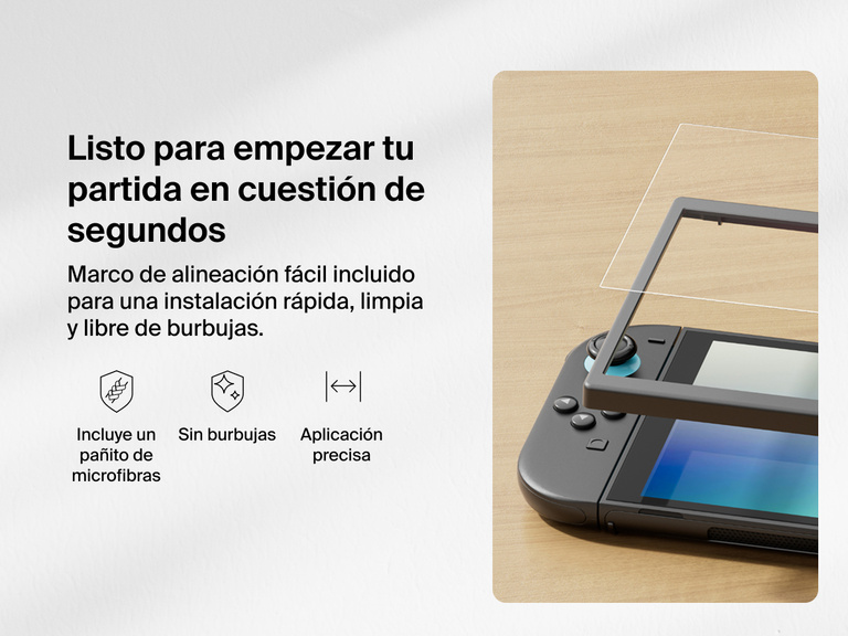 Imagen informativa que muestra el proceso de instalación de un protector de pantalla de Belkin en un Nintendo Switch 2. En la parte derecha se muestra el emplazamiento de un marco de alineación fácil sobre la consola para garantizar una aplicación del protector precisa. A su vez,  a la izquierda hay un texto que dice «Listo para jugar en segundos», explicándose que el marco facilita una instalación rápida, limpia y libre de burbujas. Los siguientes iconos informan que el kit incluye un pañito de microfibras, asegura un acabado libre de burbujas y proporciona una instalación precisa. 