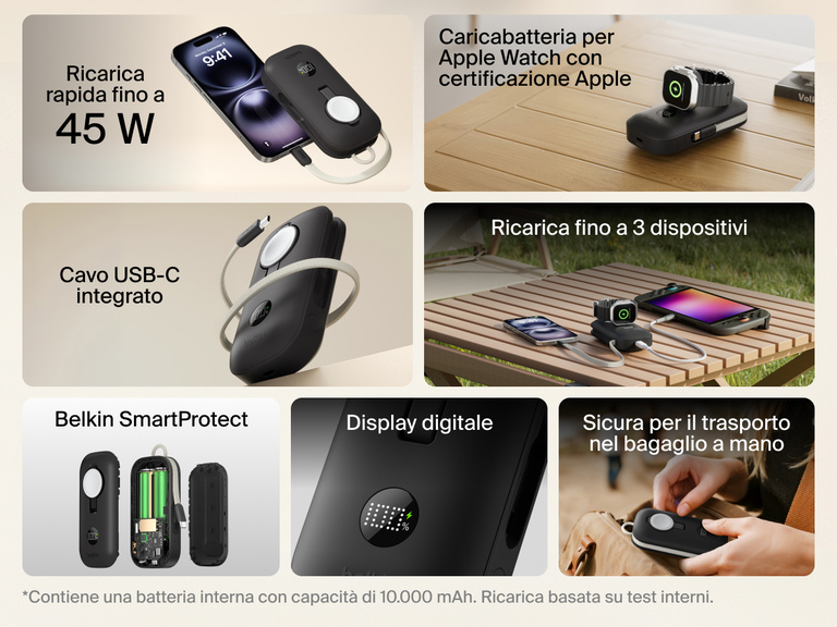 Il prodotto power bank 10K con caricabatteria per Apple Watch Belkin BoostCharge offre una ricarica rapida fino a 45 W, un cavo USB-C, un display digitale, un caricabatteria per orologio certificato Apple, la conformit&agrave; alle normative per il trasporto in aereo e la massima sicurezza tramite lo standard Belkin SmartProtect.