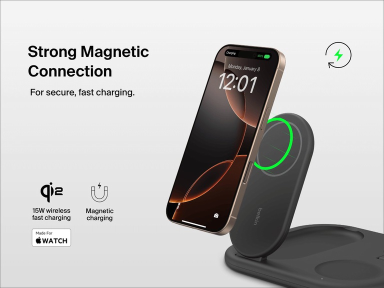 A gold iPhone magnetically attaches to the Belkin BoostCharge Pro 3-in-1 Magnetic Foldable Wireless Charger with Qi2 15W, showcasing strong magnetic alignment for secure, fast charging of Apple devices.