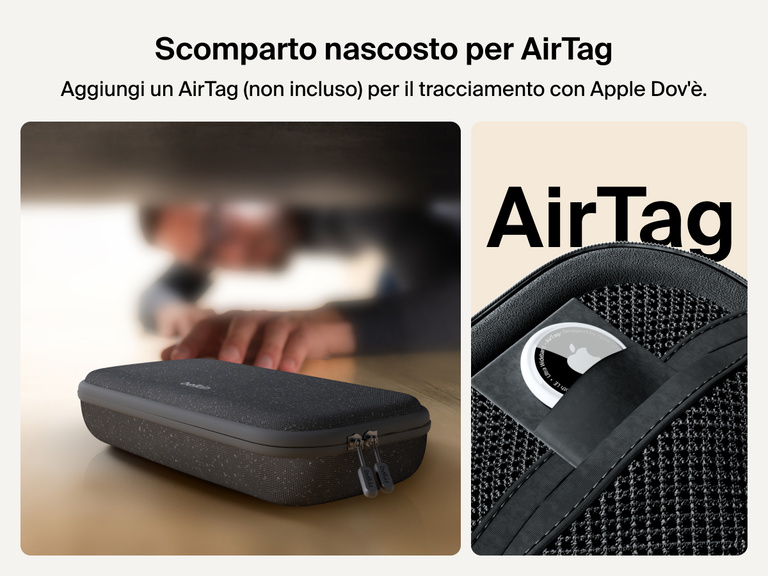 Immagine della custodia di ricarica Belkin Gaming per Nintendo Switch 2 che mostra lo scomparto nascosto per AirTag, in modo da consentirne il facile tracciamento tramite Apple Dov'è (AirTag non incluso).