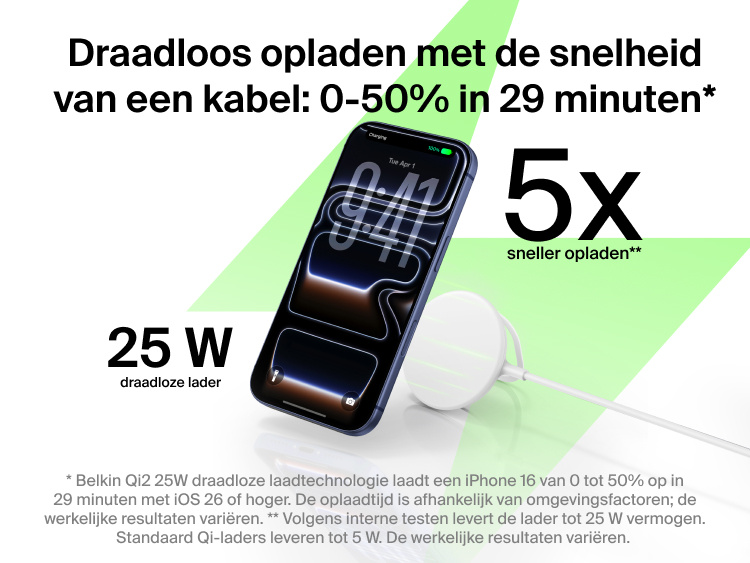 Afbeelding van een Belkin UltraCharge magnetische lader met Qi2 25W, die een smartphone draadloos van stroom voorziet, waarmee de hoge laadsnelheid ge&iuml;llustreerd word: van 0&ndash;50% in 29 minuten.