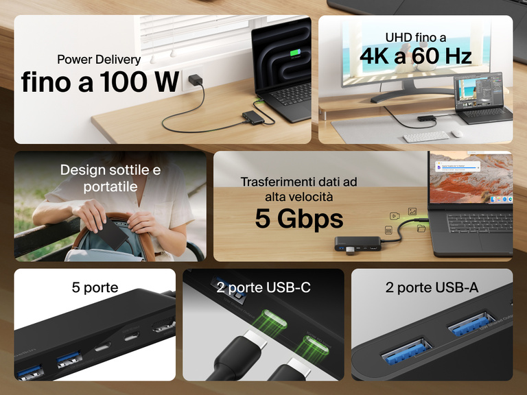 Belkin Connect 5-Port USB-C Hub with Dual USB-C Ports featuring 4K@60Hz display, 100W power delivery, 5Gbps data transfer, 2 USB-C and 2 USB-A ports, in a slim and portable design.