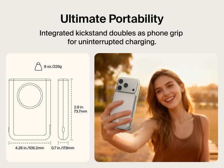 Belkin UltraCharge Pro Power Bank 10K with magnetic ring shown attached to a smartphone for portable wireless charging, featuring an integrated kickstand phone grip and slim, lightweight design for on-the-go use.
