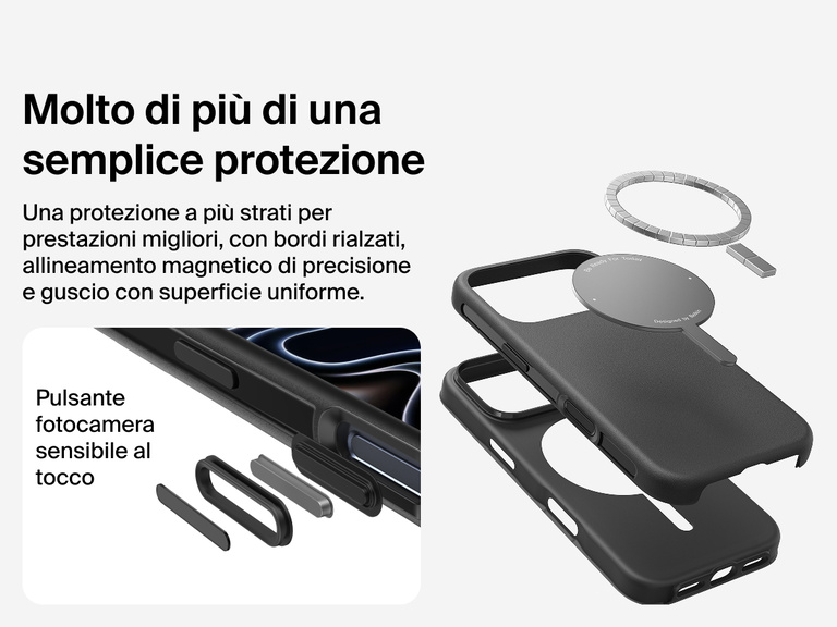 Immagine della custodia Belkin SheerForce Protect Series per iPhone 17 che evidenzia la compatibilit&agrave; con MagSafe e Qi2 per un aggancio magnetico potente a caricabatterie e altri accessori.