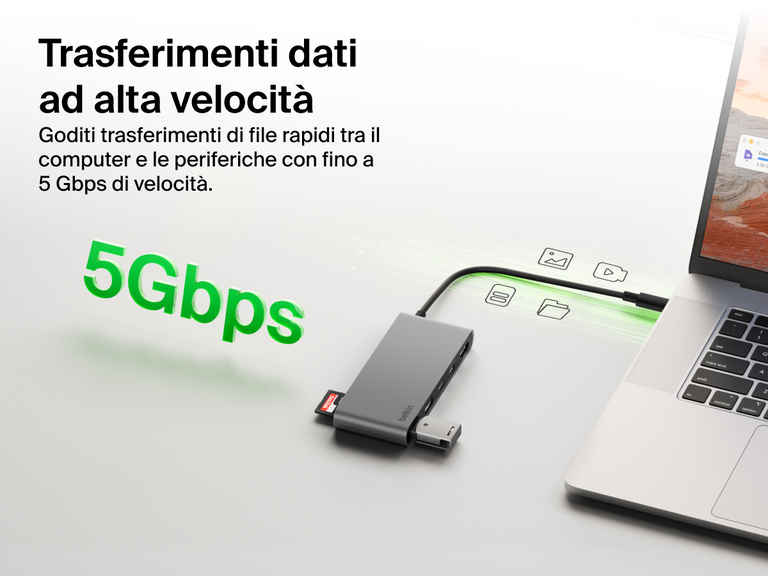 Belkin Connect 7-Port USB-C Hub with Dual USB-C Ports enabling high-speed data transfer up to 5Gbps between laptop and devices.