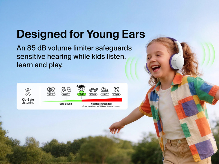 SoundForm Mini 2 Wireless On-Ear Headphones for Kids worn by a smiling child outdoors, with a diagram showing the 85 dB Kid-Safe Listening volume limit compared to louder levels not recommended for children
