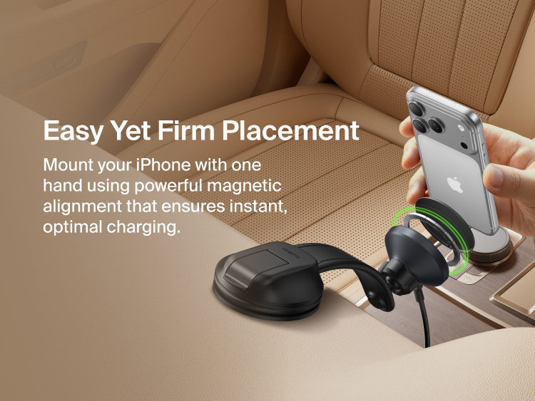 Belkin BoostCharge Wireless Charging Car Vent Mount shown aligning and securing an iPhone with one-hand magnetic placement for instant, optimized charging.