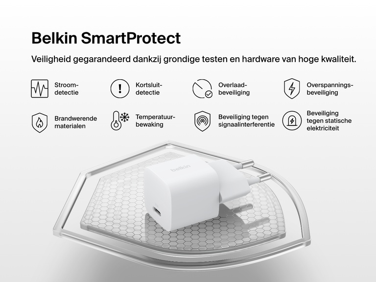 Belkin BoostCharge USB-C Wall Charger 25W shown with Belkin SmartProtect features, including over-voltage, surge, and short-circuit protection for enhanced charging safety.