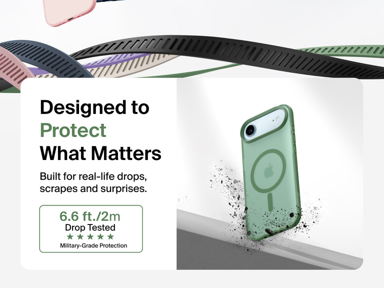 Belkin SheerForce Grip Series Case for iPhone 17 shown with textured grip and impact protection against drops.