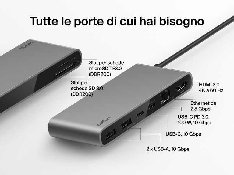 Immagine di un hub con 8 porte USB-C ed Ethernet da 2,5 Gb Connect di Belkin che mostra tutte le porte disponibili: HDMI 2.0 4K  a 60 Hz, USB-C PD 3.0 100 W con velocità di 10 Gbps, 2 USB-A da 10 Gbps, slot per schede SD e microSD, ed Ethernet per una connettività completa dei dispositivi.