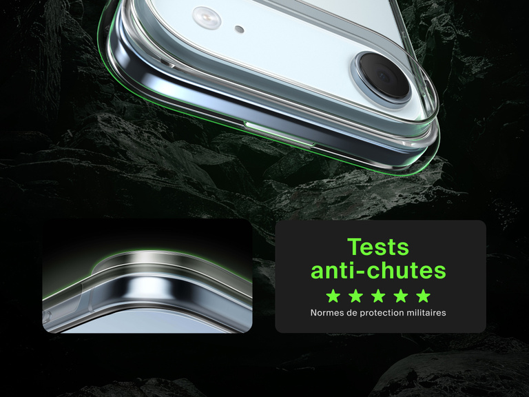 Belkin SheerForce Clear Series Case for iPhone 17 shown with 13-foot drop test and military-grade protection.