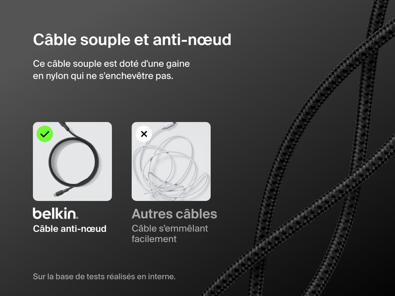 Belkin BoostCharge Pro USB-C to USB-C Braided Cable 240W shown with soft, flexible nylon design that resists tangling compared to standard cables.