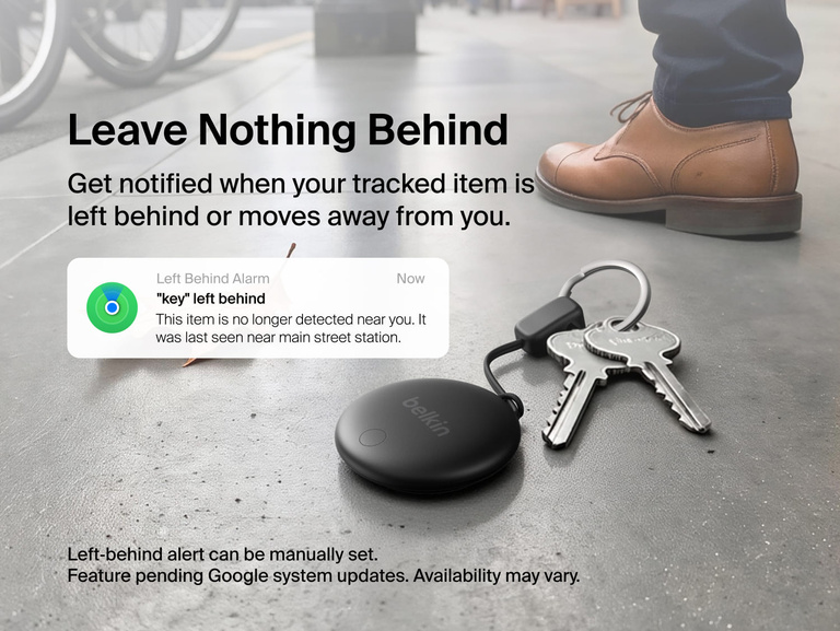 Belkin SureFind Spot attached to keys demonstrates left-behind alerts that notify users when a tracked item is no longer nearby.