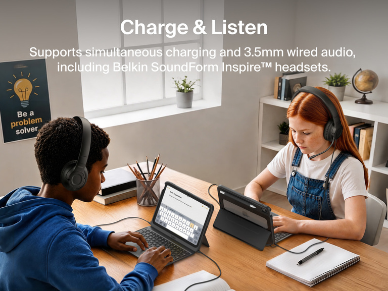 Charge & Listen with simultaneous charging and wired audio support