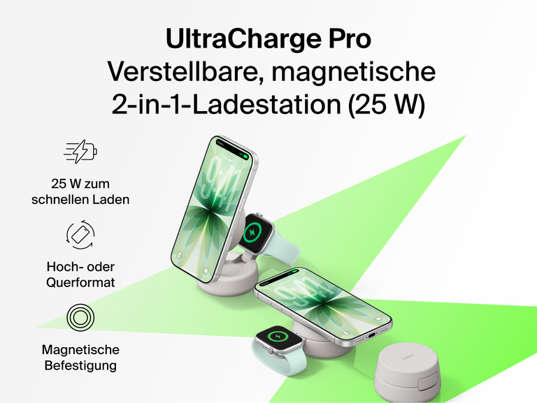 Die Belkin UltraCharge Pro verstellbare, magnetische 2-in-1-Ladestation mit Qi2 25W eignet sich zum schnellen, kabellosen Laden eines Smartphones und einer Smartwatch. Das Ger&auml;t kann magnetisch angedockt und zur Ansicht ins Hoch- oder Querformat gedreht werden.