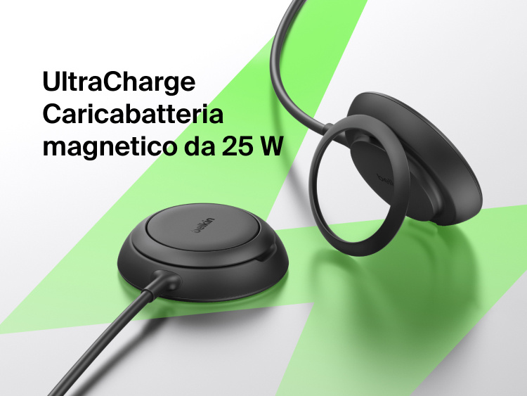 Immagine di un caricabatteria magnetico con Qi2 25W Belkin UltraCharge, che evidenzia il raffinato tappetino di ricarica magnetica con supporto. Una soluzione ideale per una ricarica wireless rapida e sicura.