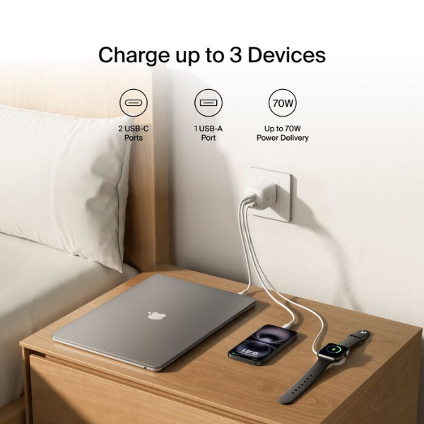 A bedside scene showing a wall charger plugged into an outlet and charging three devices at once: a laptop, a smartphone, and a smartwatch resting on a wooden nightstand. Text above reads &lsquo;Charge up to 3 Devices&rsquo; with icons indicating two USB-C ports, one USB-A port, and up to 70W power delivery.