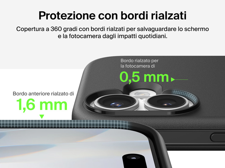 Immagine della custodia Belkin SheerForce Protect Series per iPhone 17 con design dei bordi rialzati e protezione dalle cadute di grado militare (fino a 4 metri).