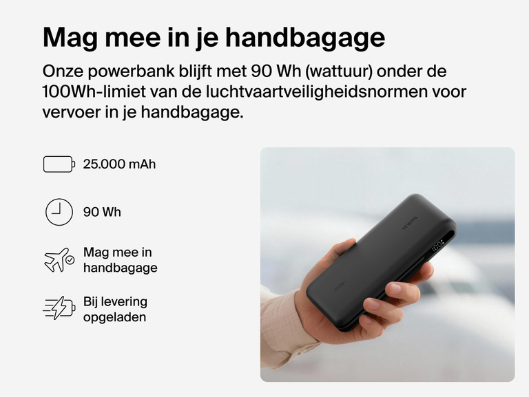 Belkin UltraCharge Pro Laptop Power Bank 25K handheld portable charger with 25,000 mAh capacity and 90Wh TSA carry-on compliant battery for travel