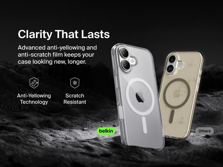 Belkin SheerForce Clear Series Case for iPhone 17 with anti-yellowing and scratch-resistant technology compared to discolored generic case.