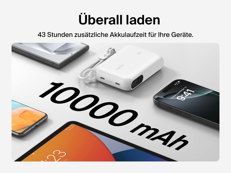 Die Belkin BoostCharge Powerbank 10K mit Display wird mit mehreren Geräten um sie herum gezeigt, um die 10.000-mAh-Kapazität und die Fähigkeit, bis zu 43 Stunden zusätzliche Akkulaufzeit unterwegs zu liefern, zu veranschaulichen.