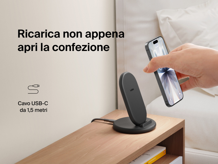 Belkin BoostCharge Wireless Charging Stand 15W shown alongside Belkin&rsquo;s sustainability commitment graphic highlighting renewable energy progress toward 100% by 2030.