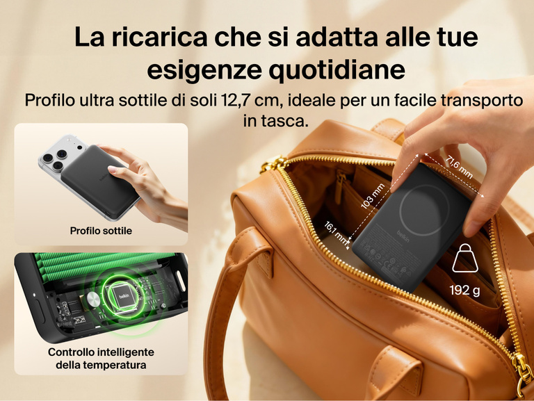 Belkin BoostCharge Slim Magnetic Power Bank 10K shown slipping easily into a bag with slim 0.5-inch profile, highlighting portable design and smart thermal control features