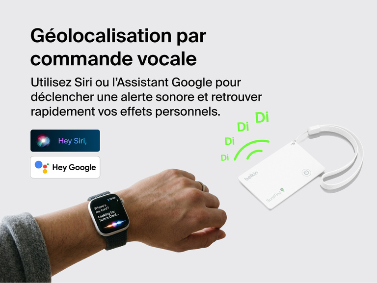 Image de la carte Belkin&nbsp;SureFind et de sa dragonne, qui peut &ecirc;tre utilis&eacute; avec les commandes vocales Siri ou Google&nbsp;Assistant pour &eacute;mettre un son et g&eacute;olocaliser les objets perdus.