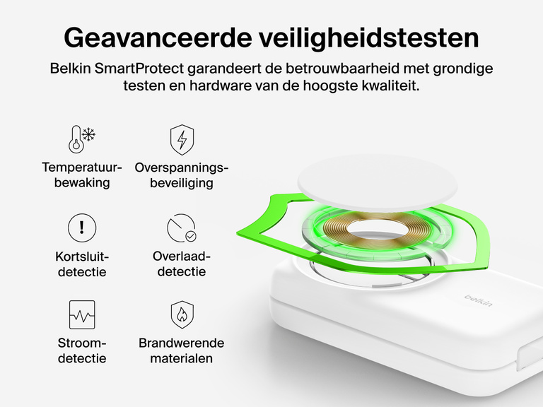 De Belkin UltraCharge 3-in-1 uitklapbare magnetische lader met Qi2 25W biedt Belkin SmartProtect voor extra veiligheid met temperatuurbewaking, overspanningsbeveiliging en brandwerende materialen.