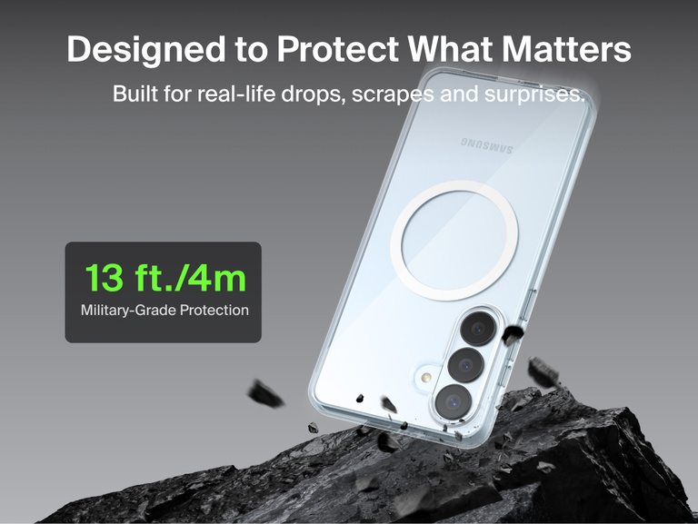 Belkin SheerForce Clear Series Case for Samsung Galaxy S26 shown protecting a phone during impact, highlighting slim design with 13 ft / 4 m military-grade drop protection and built-in Qi2 wireless charging support.